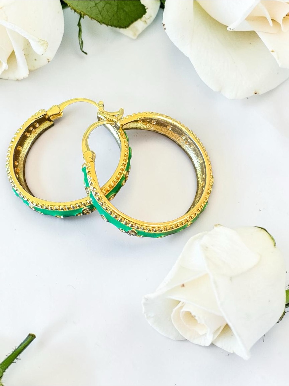 Gold-Tone Green Enamel Hoop Earrings with Crystal Accents - Picture 2 of 2